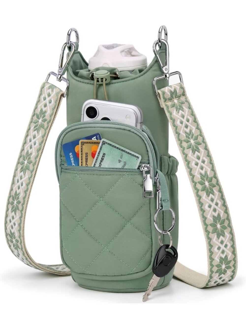 Lightweight Hands-Free Crossbody Water Bottle Bag for Women - Green Travel